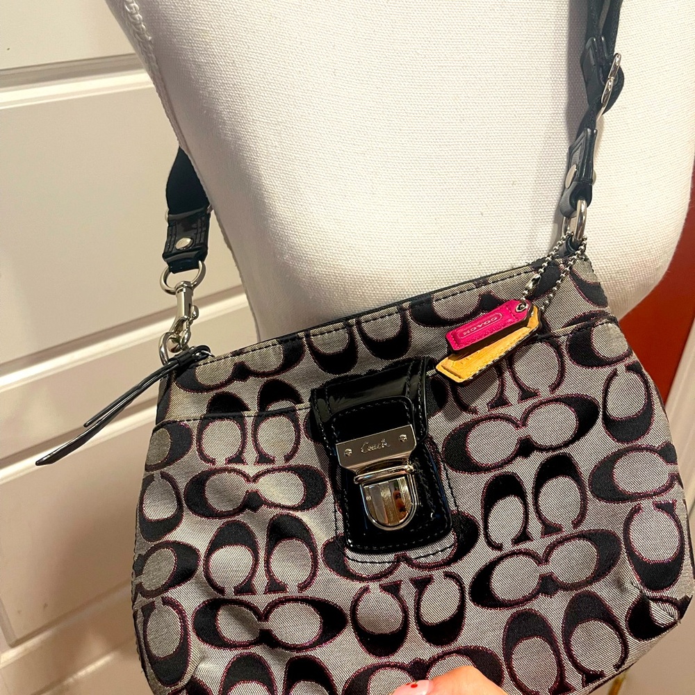 COACH Authentic logo Black Gray Magenta mini crossbody bag with fobs